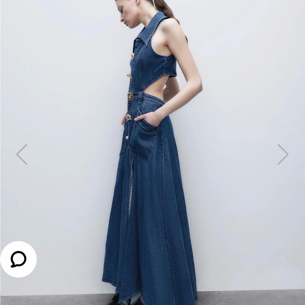 Denim Maxi Dress with Cutouts and Front Slit - Blue - Picture 5 of 9